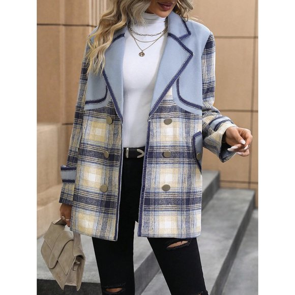 Casual Plaid Double Breasted Contrast Trim Overcoat Blue - Picture 6 of 6